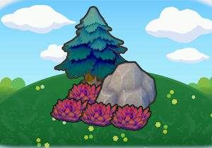 세모 나무 그늘의 바위와 풀숲